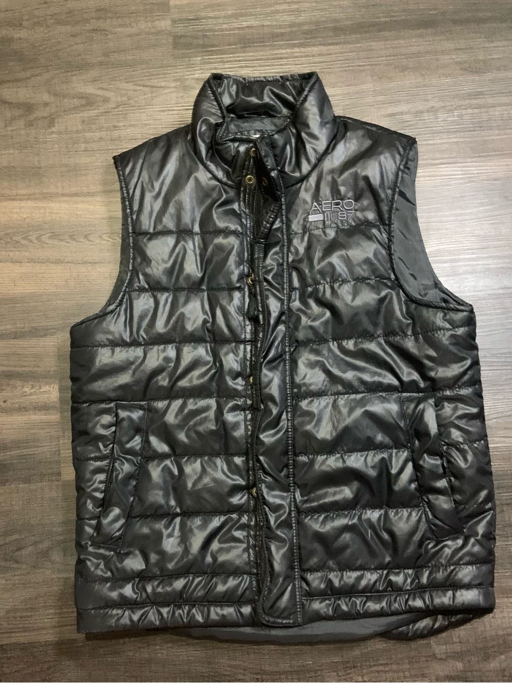 Aeropostale Men's Black Quilted Puffer Vest with Stand Collar